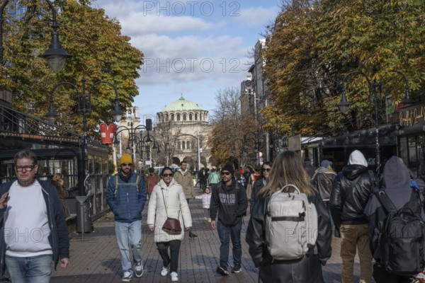 Sofia, Bulgaria. November 23rd 2025. The popular Vitosha Street in the center of Sofia busy with pedestrians going to cafes, restaurants and shops in the Bulgarian capital