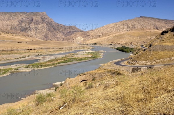 The Kurdish mountain landscape and River Zab in the north of Iraq region of Kurdistan, middle east