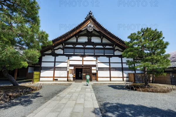 Japanese woman dressed in kimono in front of Kenninji Hombo, Kennin-ji Buddhist Temple, Higashiyama, Kyoto, Japan