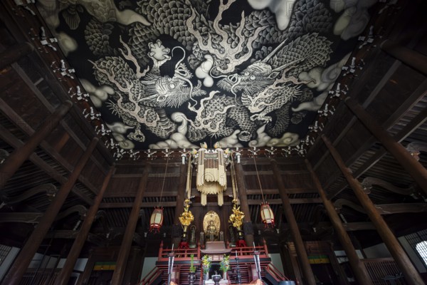 Interior view of Hodo Hall in Kennin-ji Buddhist Temple, Twin Dragon ceiling painting by artist Koizumi Junsaku, Kenninji Temple, Komatsucho, Kyoto, Japan