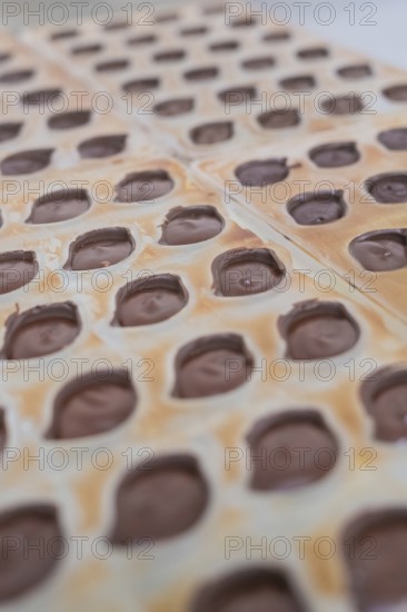 Filled chocolate mold with solidifying chocolate, vegan chocolates production, Haselstaller Hof, Gechingen, Germany