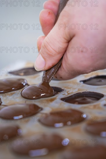 Close-up of a hand filling chocolate molds with chocolate, vegan chocolates production, Haselstaller Hof, Gechingen, Germany