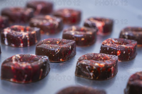 Close-up of red and brown chocolates presented on a blue tray, Vegan Chocolates Production, Haselstaller Hof, Gechingen, Germany