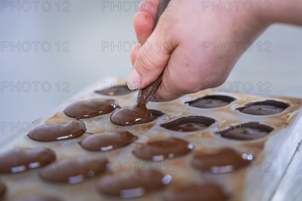 Close-up of filling chocolate molds with chocolate, vegan chocolates production, Haselstaller Hof, Gechingen, Germany