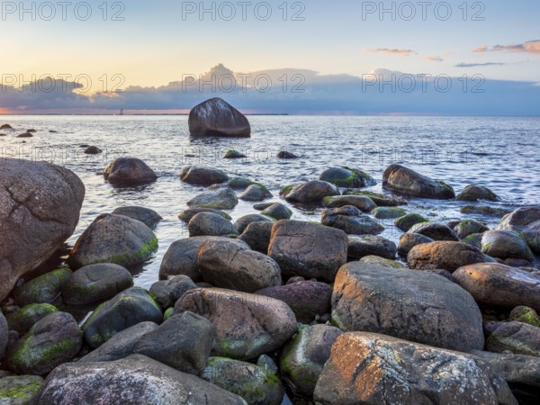 Sunset on the Baltic Sea, boulders on the shore, Schwanensteint in the back, Lohme, Jasmund National Park, Rügen Island, Mecklenburg-Western Pomerania, Germany