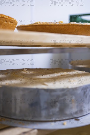 Large cakes prepared on wooden shelves in a bakery, Easter production of regional products, Haselstaller Hof, Gechingen, Calw district, Germany