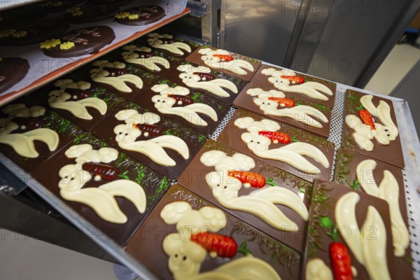 Chocolate bars decorated with Easter bunny pattern and carrot motif, Easter production of regional products, Haselstaller Hof, Gechingen, Calw district, Germany