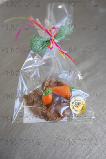 Chocolate snack with carrot decoration in a transparent bag, decorated with green gift ribbon, Easter production of regional products, Haselstaller Hof, Gechingen, Calw district, Germany