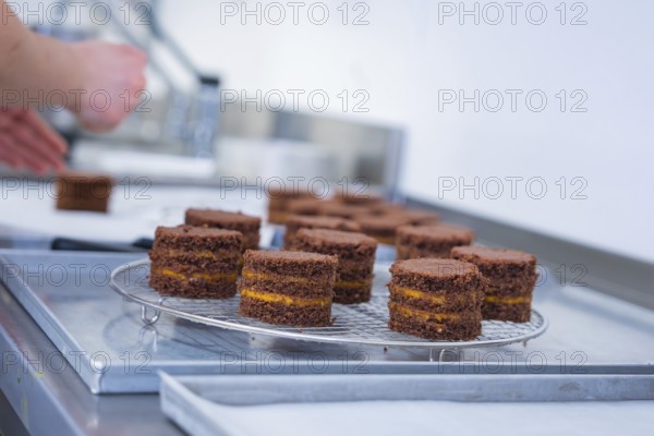 Hands working with small chocolate cakes on a grid in the kitchen, vegan cake production, Haselstaller Hof, Gechingen, Germany