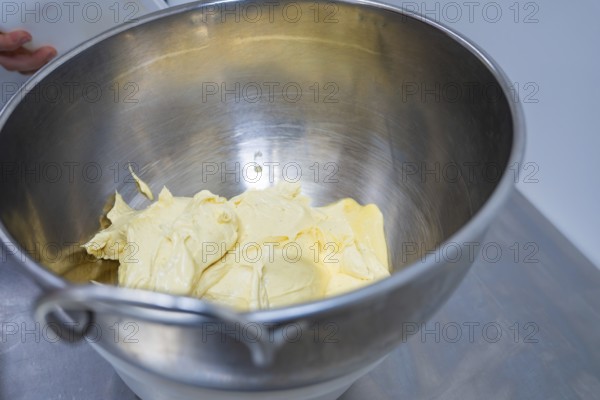 Dough in a stainless steel bowl on a worktop, vegan cake production, Haselstaller Hof, Gechingen, Germany