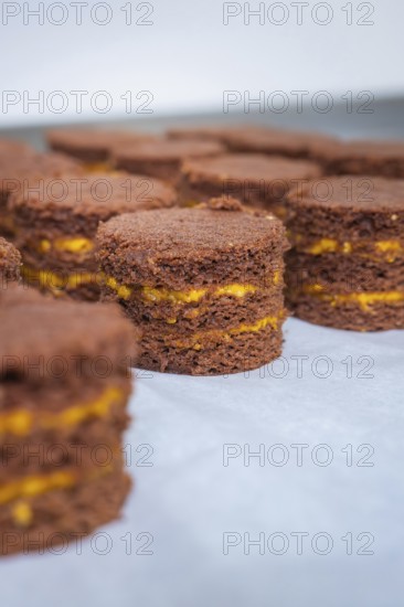 Several chocolate cakes with yellow layers on a tray, vegan cake production, Haselstaller Hof, Gechingen, Germany