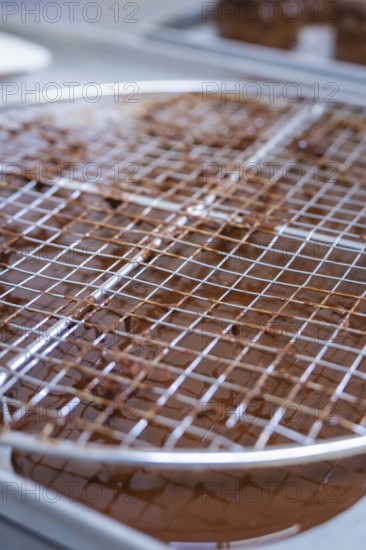 A chocolate grid on a metal net to dry chocolate, vegan cake production, Haselstaller Hof, Gechingen, Germany