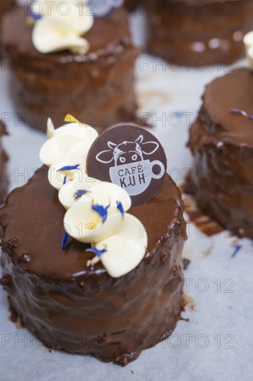 A chocolate covered cake decorated with white chocolate and logo, Vegan Tart Production, Haselstaller Hof, Gechingen, Germany