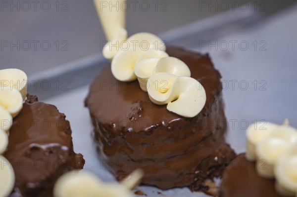 Chocolate cake is decorated with elegant cream decoration from a piping bag, vegan cake production, Haselstaller Hof, Gechingen, Germany
