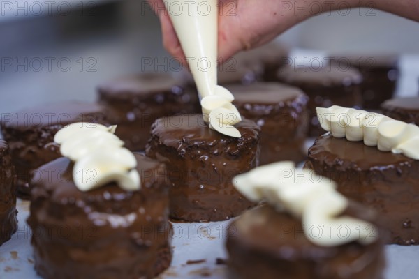Some chocolate cakes are artfully decorated with cream from a piping bag, vegan cake production, Haselstaller Hof, Gechingen, Germany