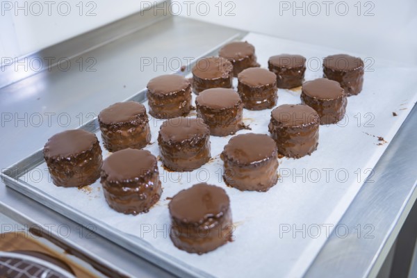 Round cakes with shiny chocolate glaze are arranged side by side on a sheet covered with paper, Vegan Tarts Production, Haselstaller Hof, Gechingen, Germany