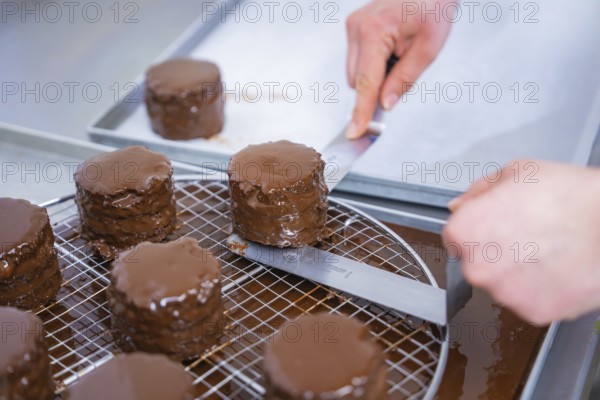 Several small cakes are prepared in the kitchen with shiny chocolate glaze on a grid, Vegan Tarts Production, Haselstaller Hof, Gechingen, Germany