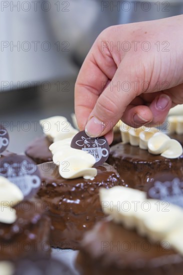 A dessert is decorated with white chocolate and a café logo, Vegan Tart Production, Haselstaller Hof, Gechingen, Germany
