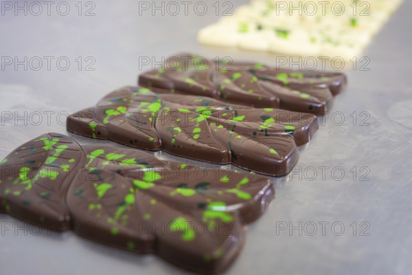 Decorative chocolates with green pattern on brown chocolate, arranged on a smooth surface, vegan chocolate production, Haselstaller Hof, Gechingen, Germany
