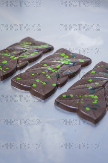Dark chocolate bars with green dots and lines on a table, vegan chocolate production, Haselstaller Hof, Gechingen, Germany