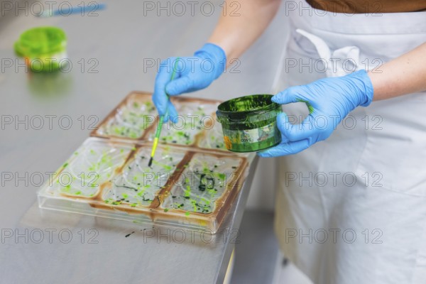 A person in a blue glove paints with a brush from a green paint pot on shapes, vegan chocolate production, Haselstaller Hof, Gechingen, Germany
