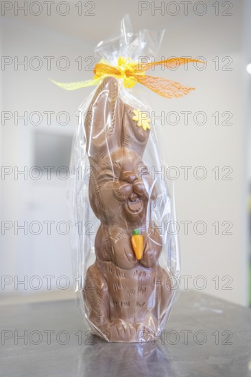 A packaged chocolate bunny with Easter decoration and orange ribbon, Easter production of regional products, Haselstaller Hof, Gechingen, Calw district, Germany