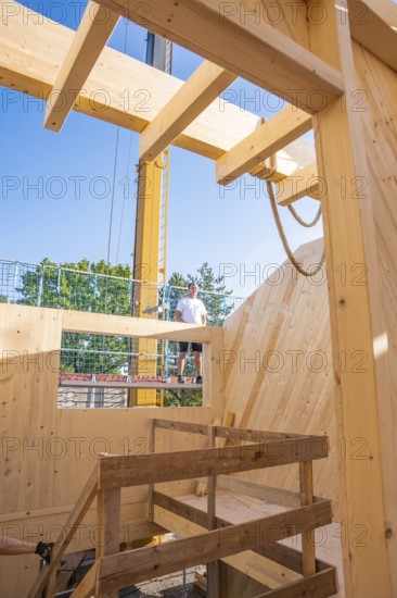 Timber frame construction with a worker on a ladder in sunny weather, timber house construction, Gechingen, Germany