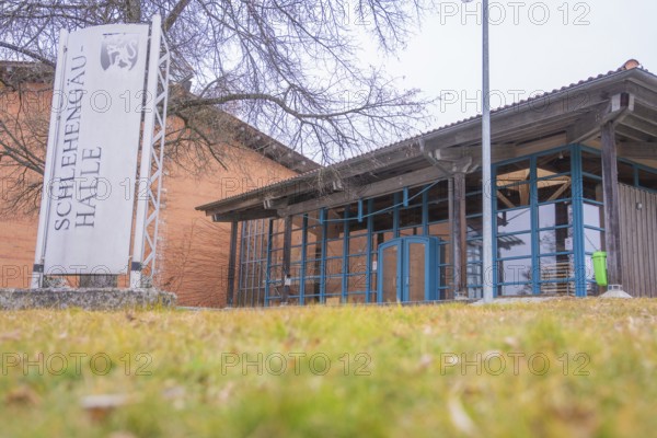 Entrance to Schlehengäu Halle with focus on architecture, surrounded by trees, Schlehengäu Sporthalle Gechingen, Calw District, Germany