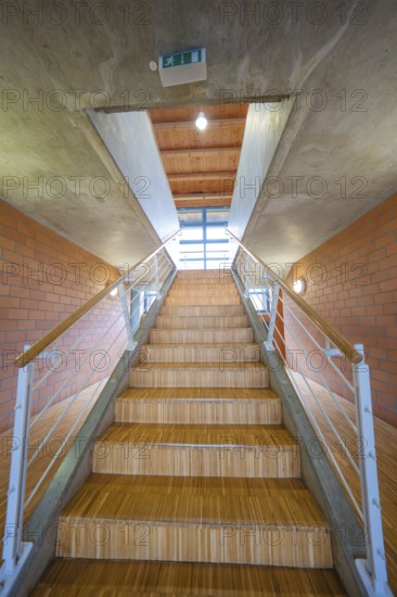 Wooden steps lead up into an open, bright room, Schlehengäu Sporthalle Gechingen, Calw district, Germany