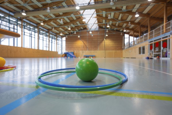 Green ball and tires in a spacious and modern gym, Schlehengäu Sporthalle Gechingen, Calw district, Germany