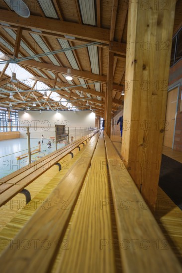 Elongated stand in a gym with participants doing sports activities, Schlehengäu Sporthalle Gechingen, Calw district, Germany