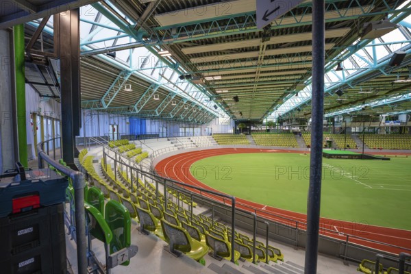 Interior view of an empty stadium with stands and a running track. Spacious atmosphere, middle distance runner Katharina Jaiser, Sindelfingen Glass Palace, Germany
