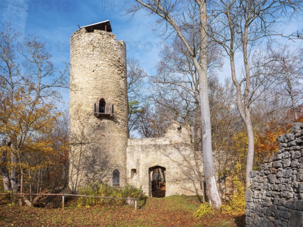 The ruins of Schauenforst Castle in autumn, near Rödelwitz, OT of Uhlstädt-Kirchhasel, Saalfeld-Rudolstadt district, Thuringia, Germany