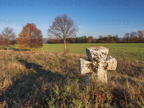 Medieval stone cross on the edge of the field in autumn, Sühnekreuz, Mordkreuz, Liebenstein, Thuringia, Germany
