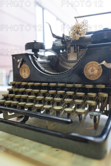 Vintage typewriter with mechanical keys as a decorative element, Gechingen Town Hall, Calw district, Germany