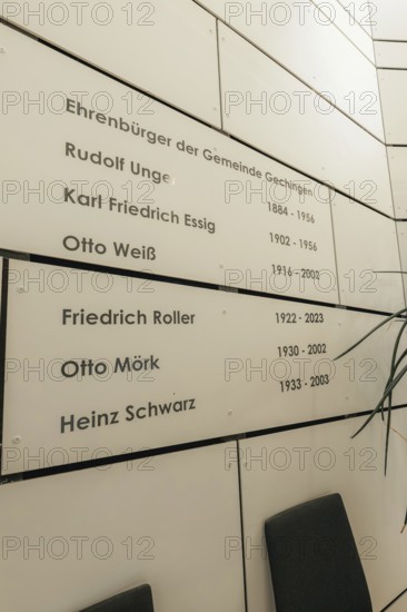 Panel with honorary citizens' names in a minimalistic interior, Gechingen Town Hall, Calw district, Germany