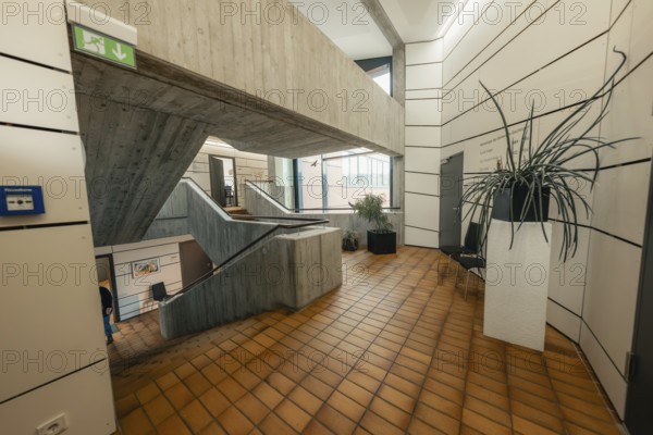 Modern, minimalistic staircase with concrete and wood elements, Gechingen Town Hall, Calw district, Germany