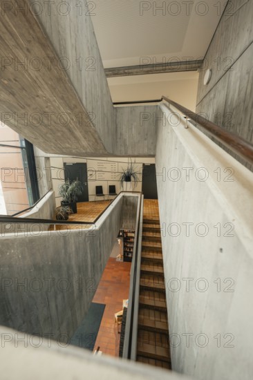 Staircase in a modern building with concrete architecture and large windows, Gechingen Town Hall, Calw district, Germany