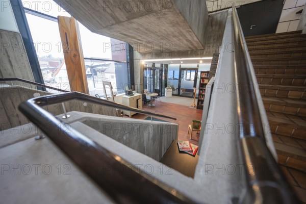 Modern staircase with views of the surrounding area through windows, Gechingen Town Hall, Calw District, Germany