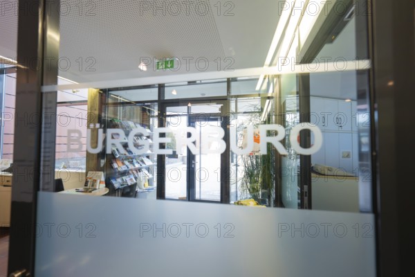 Entrance to the Bürgerbüro with modern glass wall and fonts, bright interior design, Gechingen Town Hall, Calw district, Germany
