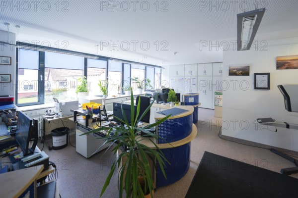 Modern office with desks, computers and plants in front of large windows, Gechingen Town Hall, Calw district, Germany