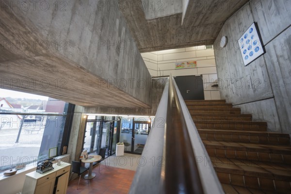 Architecture with modern concrete staircase, minimalistic design and lighting, Gechingen Town Hall, Calw district, Germany