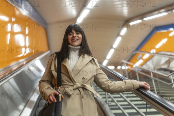 Woman in a trench coat and sweater ascending an escalator in a modern subway station, holding a bag and looking at the camera with a cheerful expression, symbolizing urban commute and daily travel