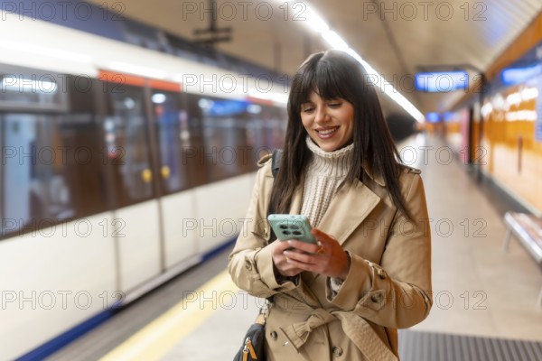Woman standing on a subway platform, cheerfully using her smartphone while waiting for the train, symbolizing urban connectivity, daily commute, and modern lifestyle