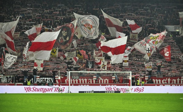 Fan block, fans, fan curve, flags, atmosphere, atmospheric Cannstatt curve VfB Stuttgart soccer Bundesliga, MHPArena, MHP Arena Stuttgart, Baden-Württemberg, Germany