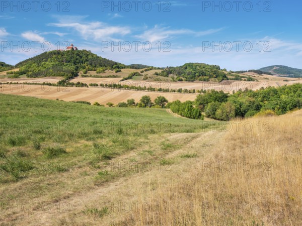 View of hilly landscape with meadows, fields and forests of Wachsenburg Castle and the ruins of Gleichen Castle in summer, Burgenensemble Drei Gleichen, Thuringian Burgenland, Thuringian Basin, Holzhausen, Thuringia, Germany