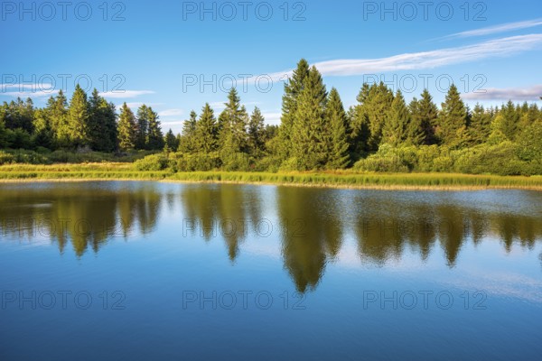 Trout pond under blue sky, forest reflected, Vogelsberg Volcanic Region nature park Park, Hesse, Germany
