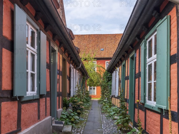 Narrow alley with half-timbered houses in the Heilgeisthospital, also Heilgeistkloster or Kloster zum Heilige Geist, Hanseatic City of Stralsund, Mecklenburg-Western Pomerania, Germany