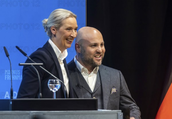 Campaign event for the state election of the AfD party at the Congress Centre Pforzheim CCP. Markus Frohnmaier (MdB, right) is the leading candidate for the office of Minister President in Baden-Württemberg. Alice Weidel, co-chair of the parliamentary group of the right-wing populist and far-right party Alternative for Germany AfD. Federal spokesperson of the party. Pforzheim, Baden-Württemberg, Germany