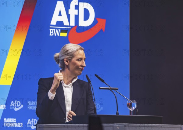 Alice Weidel, co-chair of the parliamentary group of the right-wing populist and far-right Alternative for Germany AfD party. Federal spokesperson for the party. Campaign rally for the state election in Baden-Württemberg of the AfD party in the Congress Center Pforzheim CCP. Pforzheim, Baden-Württemberg, Germany